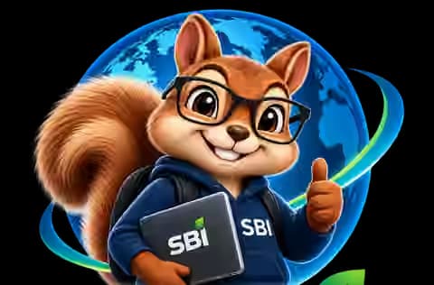 SBI student squirrel mascot wearing black glasses and a navy SBI hoodie, holding an SBI laptop in front of a blue globe